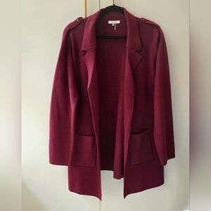 SIONI Open-Front Longline Cotton Cardigan Blazer in Deep Wine